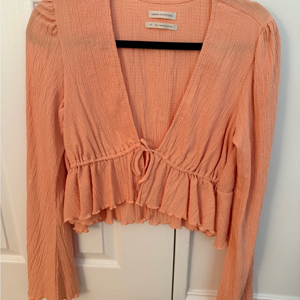 Urban Outfitters Peach Crinkle Tie-Front Ruffle Blouse